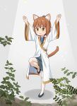  1girl absurdres animal_ears black_footwear blush_stickers brown_hair cat_ears cat_tail closed_mouth dress glico grass hands_up highres long_sleeves mao_lian_(nekokao) original robe shoes solo standing standing_on_one_leg tail white_robe yellow_eyes 