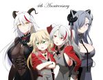  4girls admiral_hipper_(azur_lane) aegir_(azur_lane) anniversary august_von_parseval_(azur_lane) azur_lane breasts choker cleavage cross cross_earrings crossed_arms earrings grey_eyes hair_over_one_eye hand_on_another&#039;s_shoulder headgear height_difference horns iron_cross jewelry large_breasts looking_at_another looking_away multicolored_hair multiple_girls prinz_eugen_(azur_lane) sideboob silver_hair steed_(steed_enterprise) streaked_hair two-tone_hair two_side_up white_background white_hair 
