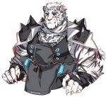  1boy 1other ambiguous_gender animal_ears arknights bara between_pectorals black_tank_top blush chain_necklace cropped_torso doctor_(arknights) furry furry_male graysheartart head_between_pecs highres hug large_pectorals male_cleavage male_focus mountain_(arknights) muscular muscular_male pectorals scar scar_across_eye short_hair shoulder_spikes sidepec smile spikes tank_top tiger_boy tiger_ears white_fur white_hair 