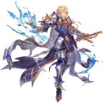  1boy aglovale_(granblue_fantasy) armor blonde_hair gauntlets granblue_fantasy holding holding_weapon long_hair looking_at_viewer male_focus minaba_hideo official_art smirk solo sword transparent_background water weapon 