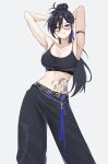  1girl absurdres arms_behind_head ayase_yuu belt black_belt black_hair black_pants blue_eyes blue_hair breasts closed_mouth collarbone crop_top glasses highres long_hair multicolored_hair navel nurizza_ilst pants phase_connect second-party_source solo stomach stomach_tattoo streaked_hair tattoo virtual_youtuber 