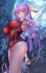  1girl alternate_costume armpits bangs breasts earrings flower full_moon hair_ribbon hand_in_hair highres holding holding_sword holding_weapon jewelry large_breasts long_hair looking_at_viewer moon night one-piece_swimsuit open_mouth outdoors purple_flower purple_hair purple_rose red_eyes red_swimsuit ribbon rose shounen_(hogehoge) solo standing swimsuit sword touhou tree watatsuki_no_yorihime weapon yellow_ribbon 