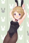  1girl animal_ears arms_up black_legwear black_leotard bow bowtie breasts brown_hair bunny_background bunny_pose cleavage detached_collar eichisu grey_background highres koizumi_hanayo leotard looking_at_viewer love_live! medium_breasts pantyhose playboy_bunny purple_eyes rabbit_ears red_neckwear short_hair solo strapless strapless_leotard wrist_cuffs 