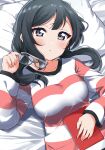  1girl absurdres bangs bed bed_sheet black_eyes black_hair blush book breasts commentary_request grey_eyes highres large_breasts long_hair looking_at_viewer love_live! love_live!_nijigasaki_high_school_idol_club lying on_bed pillow semi-rimless_eyewear shirt solo striped striped_shirt totoki86 twintails yuuki_setsuna_(love_live!) 
