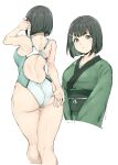  1girl absurdres adjusting_clothes adjusting_swimsuit alp ass back black_hair bob_cut breasts competition_swimsuit criss-cross_back-straps cropped_torso full_body green_eyes green_kimono highres japanese_clothes kimono large_breasts looking_at_viewer multiple_views obi one-piece_swimsuit original parted_lips sash short_hair shoulder_blades simple_background skindentation swimsuit white_background wide_hips 