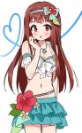  1girl :o bangs bikini bikini_skirt blue_bow blue_hairband blush bow breasts brown_eyes brown_hair chobi_(penguin_paradise) cleavage cowboy_shot eyebrows_visible_through_hair flower hair_bow hair_flower hair_ornament hairband hand_up heart idolmaster idolmaster_million_live! long_hair looking_at_viewer medium_breasts mismatched_bikini navel parted_lips red_flower simple_background solo swimsuit tanaka_kotoha upper_teeth very_long_hair white_background white_bikini 