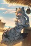 2025 anthro bangs beach blonde_hair blue_eyes claws clothed clothing cloud cloudy_sky collarbone colored day digital_drawing_(artwork) digital_media_(artwork) eyewear felid femboy fluffyw0lf fur grey_body grey_fur hair half-closed_eyes hi_res holding_glass holding_object inner_ear_fluff looking_away male mammal markings narrowed_eyes navel on_one_leg outside pantherine pink_eyewear pink_nose pink_sunglasses pink_tongue sea shaded short_hair sky snow_leopard solo spots spotted_body spotted_fur standing sunglasses tail teeth tongue tongue_out topless tuft underwear underwear_only water white_claws