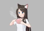 1girl :o aina_(mao_lian) animal_ear_fluff animal_ears black_choker blue_eyes blush brown_hair cat_ears choker cup fang grey_background highres holding holding_cup long_hair looking_at_viewer mao_lian_(nekokao) open_mouth original shirt simple_background slit_pupils smile smoke solo upper_body white_background white_shirt 