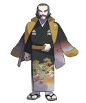  1boy :&lt; absurdres artist_request black_eyes black_hair black_kimono brown_footwear buttons clenched_hand closed_mouth coat coat_on_shoulders facial_hair forehead full_body fur-trimmed_coat fur-trimmed_sleeves fur_trim gen_1_pokemon golduck highres japanese_clothes kamado_(pokemon) kimono long_sleeves looking_at_viewer male_focus multicolored_coat mustache official_art outline pocket pokemon pokemon_(game) pokemon_legends:_arceus sandals sash short_hair sidelocks socks solo standing tabi thick_eyebrows transparent_background v-shaped_eyebrows white_legwear white_outline 