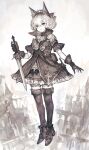  1girl animal_ears armor black_legwear boots bow commentary_request dagger fanny_pack frilled_skirt frilled_sleeves frills full_body gloves gorget hair_bow hairband high_collar highres holding holding_sword holding_weapon knife leather leather_gloves looking_at_viewer original sepia sheath sheathed short_sleeves short_sword shoulder_armor skirt solo sword thighhighs weapon yanyan_(shinken_gomi) 