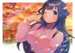  1girl ;) amano_nene_(vtuber) black_hair blue_eyes blurry blurry_background breasts cleavage cleavage_cutout closed_mouth clothing_cutout commentary_request depth_of_field hair_rings hand_up heart_cutout kou_hiyoyo long_hair long_sleeves medium_breasts one_eye_closed pink_sweater production_kawaii puffy_long_sleeves puffy_sleeves skirt smile solo sunset suspender_skirt suspenders sweater two_side_up upper_body very_long_hair virtual_youtuber wing_hair_ornament 