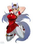  1girl absurdres animal_ears armband armpits arms_behind_head blunt_bangs blush bow bowtie breasts brown_hat commentary dress ear_bow ear_ribbon english_commentary gold_ship_(red_strife)_(umamusume) gold_ship_(umamusume) grey_hair hat highres horse_ears horse_girl horse_tail jumping long_hair looking_at_viewer open_mouth pantyhose pillbox_hat purple_bow purple_eyes red_dress simple_background sleeveless sleeveless_dress smile solo starlett striped_armband striped_clothes tail umamusume white_background white_pantyhose 