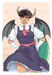  1boy afro alternate_costume artist_name belt black_eyes black_wings collared_shirt commentary cropped_legs dirtyfox911911 dragon_boy dragon_tail dress elbow_gloves enmaided gloves green_lips hands_on_hips highres horns jojo_no_kimyou_na_bouken jojolion kobayashi-san_chi_no_maidragon large_tail lips looking_at_viewer maid male_focus multicolored_hair namesake outline puffy_short_sleeves puffy_sleeves red_belt red_neckwear red_ribbon ribbon scales shirt short_sleeves solo straight-on tail thick_thighs thighs tohru_(maidragon) tooru_(jojolion) two-tone_hair white_gloves white_outline white_shirt wings 