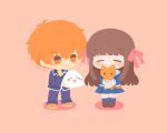  1boy 1girl =d animal bangs blue_jacket blue_legwear blue_pants blue_skirt blush brown_footwear brown_hair cat chibi closed_eyes commentary_request covering_mouth eyebrows_visible_through_hair food fruits_basket full_body hair_ribbon highres holding holding_animal holding_cat holding_food honda_tooru jacket long_hair long_sleeves onigiri orange_eyes orange_footwear orange_hair pants pink_ribbon pleated_skirt ribbon rizu_(rizunm) sailor_collar school_uniform shadow shirt shoes skirt smile socks souma_kyou twitter_username white_sailor_collar yellow_shirt 