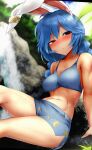  1girl :/ adapted_costume ahoge animal_ears bangs bare_shoulders bikini blue_hair blurry blurry_background blush breasts closed_mouth cloud cloudy_sky collarbone commentary_request crescent_print day depth_of_field ear_clip eyebrows_visible_through_hair feet_out_of_frame highres leaning_back long_hair looking_at_viewer low-tied_long_hair low_twintails medium_breasts mizuga navel nose_blush outdoors rabbit_ears raised_eyebrow red_eyes seiran_(touhou) sitting sky solo star_(symbol) star_print sweat swimsuit thighs toned touhou twintails water waterfall 