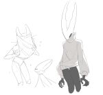 2_horns ambiguous_gender anthro arthropod black_body bodily_fluids bottomless bottomless_anthro chinese_description clothed clothing duo eyes_closed flying_sweatdrops hollow_eyes hollow_knight_(character) hollow_knight_(franchise) horn hornet_(hollow_knight) humanoid_hands milktea25424633 pure_vessel_(hollow_knight) putting_on_clothes putting_on_shirt simple_background sketch sweat sweatdrop sweater team_cherry topwear turtleneck vessel_(species) white_background white_face 
