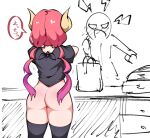  1girl 1other ambiguous_gender angry ass black_legwear black_shirt bottomless clothes_lift commentary dragon_girl dragon_horns exhibitionism flashing from_behind horns ilulu_(maidragon) indoors kakihou kobayashi-san_chi_no_maidragon lifted_by_self long_hair low_twintails red_hair shirt shirt_lift short_sleeves sketch spot_color thighhighs thighs twintails 