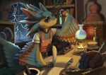 3_fingers 4_ears absurd_res alchemist alchemy alternate_species anthro avali avian blue_body blue_feathers blue_tail blue_wings book bookshelf bottle brown_body brown_feathers candle claws clothed clothed_anthro clothed_male clothing container cozy dim_lighting electricity feather_hair feathered_wings feathers finger_claws fingers fire flask fully_clothed fully_clothed_anthro fully_clothed_male furnace furniture gear grey_claws grey_scutes hi_res inside laboratory laboratory_equipment laboratory_glassware leaning_on_table lightning lightning_bolt lonely_homestead loose_feather male male_(lore) mortar_and_pestle multi_ear open_book orange_clothing orange_overalls overalls petrenko pseudo_hair quill science scientific_experiment scientific_instrument scientist scuted_hands scutes shelf shirt solo storm table tail test_tube topwear vintage_story white_clothing white_shirt white_topwear winged_arms wings wood wood_furniture wood_table working workshop writing_in_book yellow_body yellow_feathers