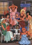  1980s_(style) 6+girls absurdres arm_up arms_around_waist arms_up balancing_on_head bangs bare_shoulders black_eyes black_hair blonde_hair blue_dress blue_eyes bow copyright_name cup dress drinking_glass elbow_gloves elle_vianno elpeo_puru fa_yuiry gloves green_dress green_eyes gundam gundam_zz hair_bow hat high_heels highres holding holding_cup hug leina_ashta long_hair looking_at_viewer multiple_girls official_art on_chair one_eye_closed open_mouth orange_hair party_popper pink_dress purple_hair puru_two red_dress red_gloves retro_artstyle roux_louka sandals sayla_mass scan shoe_dangle short_hair short_sleeves sitting sleeveless sleeveless_dress smile standing strapless strapless_dress table upper_teeth wariza wine_glass yellow_dress 