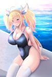  1girl artist_request blonde_hair blue_eyes blush breasts cleavage competition_swimsuit embarrassed eyebrows_visible_through_hair highleg highleg_leotard highres horns large_breasts leotard looking_at_viewer one-piece_swimsuit onizaki_kirara sideboob sitting skindentation solo swimsuit taimanin_(series) taimanin_rpgx thighhighs twintails water white_legwear 