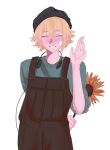  1boy absurdres alternate_costume arm_behind_back bandaid bandaid_on_cheek bandaid_on_face basil_(faraway)_(omori) basil_(omori) black_hat blonde_hair brown_overalls closed_eyes commentary english_commentary flower futo_(tofuutoufofuto) green_sweater grin hat headphones headphones_around_neck highres holding holding_flower male_focus omori open_mouth overalls short_hair simple_background smile solo sunflower sweater teeth upper_body white_background 