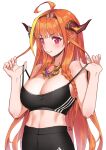  1girl absurdres adidas ahoge bangs black_legwear black_sports_bra blonde_hair bow breasts cleavage dragon_girl dragon_horns highres hololive horns kiryu_coco large_breasts leggings long_hair looking_at_viewer multicolored_hair orange_hair pointy_ears red_eyes rojen_p solo sports_bra strap_pull streaked_hair striped striped_bow v-shaped_eyebrows virtual_youtuber white_background 