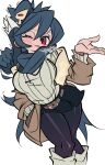  1girl alternate_costume belt black_skirt breasts brown_coat coat cowboy_shot cxdotchison dripping dripping_eye filia_(skullgirls) hair_scarf hand_in_pocket highres long_hair medium_breasts narrow_waist one_eye_closed pantyhose red_eyes samson_(skullgirls) scarf skirt skullgirls sweater tears tears_from_one_eye very_long_hair white_sweater 