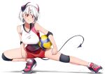  1girl absurdres blush breasts demon_tail elbow_pads highres horns knee_brace large_breasts murakami_ryouga original red_footwear red_hair red_shorts shoes short_hair short_shorts shorts smile sneakers solo sportswear stretch tail thighs volleyball volleyball_uniform white_hair 