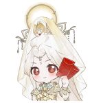  1girl artist_request barre brown_eyes chinese_clothes circlet closed_mouth cropped_torso envelope eyelashes flower formless_truth_(infinity_nikki) glowing glowing_halo gold_circlet gold_necklace hair_ornament halo hanfu happy holding holding_envelope hongbao infinity_nikki jewelry layered_sleeves light_blush long_hair looking_at_viewer lotus necklace nikki_(series) official_art painterly parted_bangs puffy_sleeves smile solo sticker_(medium) straight_hair tareme topknot transparent_background veil very_long_hair white_flower white_hair white_hanfu white_veil wide_sleeves 