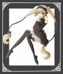  1girl 827117117 bare_shoulders black_hairband black_sleeves black_thighhighs blonde_hair blue_eyes border commentary_request detached_sleeves ekaterina_kurae full_body gothic_lolita hairband lolita_fashion lolita_hairband long_hair looking_at_viewer open_mouth ornate_border ribbon seikon_no_qwaser simple_background smile solo thighhighs twintails very_long_hair white_background 