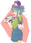  1boy animalization aubrey_(headspace)_(omori) aubrey_(omori) basil_(headspace)_(omori) basil_(omori) blue_overalls blush closed_eyes colored_skin commentary_request flower flower_wreath green_hair green_shirt head_wreath hero_(headspace)_(omori) hero_(omori) highres kel_(headspace)_(omori) kel_(omori) mari_(headspace)_(omori) mari_(omori) omori omori_(omori) open_mouth overall_shorts overalls person_and_animalization segue5o shirt short_hair short_sleeves sidelocks smile solo t-shirt white_skin 