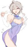  1boy arched_back blonde_hair china_dress chinese_clothes collarbone corrin_(fire_emblem) corrin_(fire_emblem)_(male) crossdressing dress fire_emblem fire_emblem_fates highres male_focus nipple_cutout nipples one_eye_closed otoko_no_ko red_eyes side_slit sketch thighhighs translation_request v w_(1999_kyu) 