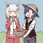  2girls :d animal_ears bangs basket black_pants black_vest blue_hair blue_sky blunt_bangs blush brown_headwear carrot closed_eyes collared_shirt commentary day dress_shirt eating flower food grey_hair hair_flower hair_ornament hairclip happy_meek_(umamusume) hat holding holding_basket holding_food horse_ears horse_girl horse_tail jacket kiryuuin_aoi long_sleeves multiple_girls nekotoufu open_mouth outdoors pants pink_eyes pink_flower red_jacket red_pants shirt sky smile standing tail track_jacket track_pants track_suit umamusume vest white_shirt 