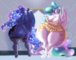 anthro areola big_breasts big_butt biped blue_body blues64 breasts butt clothed clothing equid equine eyelashes female friendship_is_magic hair hasbro hi_res horn huge_butt legwear looking_at_viewer looking_back mammal marauder6272 multicolored_hair my_little_pony mythological_creature mythological_equine mythology nipples princess_celestia_(mlp) princess_luna_(mlp) pupils sibling_(lore) sister_(lore) sisters_(lore) smile thick_thighs thong topless underwear white_body winged_unicorn wings yellow_clothing
