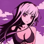  1girl alternate_hair_color bangs bare_shoulders bikini black_bikini black_hair black_ribbon braid breasts cleavage closed_mouth cloud collarbone danganronpa:_trigger_happy_havoc danganronpa_(series) danganronpa_s:_ultimate_summer_camp front-tie_bikini front-tie_top hair_ribbon high_contrast kirigiri_kyouko large_breasts moshimoshibe outdoors purple_background purple_eyes ribbon solo swimsuit upper_body 