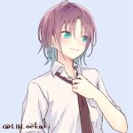  1girl adjusting_clothes adjusting_necktie ahoge aqua_eyes asakura_tooru blue_background blue_hair blush ear_piercing gradient_hair highres idolmaster idolmaster_shiny_colors lin_oekaki looking_away multicolored_hair necktie open_collar piercing purple_hair school_uniform shirt short_hair simple_background smile solo twitter_username upper_body white_shirt 