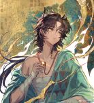  1boy animal_ears arknights artist_name bandaged_arm bandaged_chest bandages bishounen black_hair braid chinese_commentary clothes_down collarbone commentary_request dark_skin erkai green_robe highres horse_boy horse_ears looking_to_the_side low_ponytail official_artist_extra open_clothes parted_bangs ponytail robe side_braid single_bare_shoulder solo taraxacum_(arknights) teeth upper_body watermark weibo_username weibo_watermark whistle whistle_around_neck yellow_eyes 