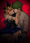  2boys absurdres ankh arm_around_shoulder arms_up belt belt_buckle black_belt black_hair black_shirt blonde_hair blue_jacket blue_pants buckle chinese_commentary closed_mouth commentary_request facial_mark forehead_mark glowing glowing_eyes gold_trim green_hair hand_on_another's_thigh highres jacket kaiba_seto long_sleeves looking_to_the_side male_focus multicolored_hair multiple_belts multiple_boys pants parted_lips red_eyes saka_nagiya shirt short_hair sideways_glance sitting sitting_on_lap sitting_on_person sleeveless sleeveless_shirt smile two-sided_fabric two-sided_jacket two-tone_hair white_jacket white_pants yami_yugi yaoi yellow_eyes yu-gi-oh! yu-gi-oh!_duel_monsters 