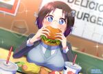 1girl absurdres artist_name black_hair blue_eyes blue_vest blurry blurry_background blush breasts breasts_on_table burger commentary_request cup dated disposable_cup drinking_straw elma_(maidragon) eyebrows_visible_through_hair fast_food food food_in_mouth food_on_face formal glasses gradient_hair highres holding holding_food indoors kobayashi-san_chi_no_maidragon large_breasts lettuce looking_at_viewer mashiroken07 multicolored_hair necktie office_lady partial_commentary restaurant shirt short_hair sliced_cheese solo sparkle sparkling_eyes suit suit_jacket tomato tray vest 