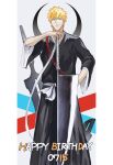  1boy 22nae2 absurdres bandages belt birthday_date black_hakama bleach border closed_mouth commentary_request feet_out_of_frame hakama hakama_pants hand_on_hilt hand_on_own_hip happy_birthday highres japanese_clothes korean_commentary kurosaki_ichigo looking_at_viewer male_focus orange_hair pants pillarboxed planted planted_sword smile solo spiked_hair standing sword weapon white_belt white_border zanpakutou 