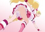  1girl bent_over blonde_hair boots breasts closed_mouth cure_peach earrings fresh_precure! from_below fuchi_(nightmare) gradient gradient_background hair_ornament heart heart_earrings heart_hair_ornament high-waist_skirt jewelry knee_boots kneehighs large_breasts layered_skirt long_hair miniskirt momozono_love pink_background pink_footwear pink_skirt precure profile red_legwear shiny_footwear shirt short_sleeves skirt solo twintails very_long_hair white_background white_shirt wrist_cuffs 