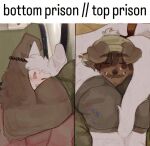 absurd_res anthro arm_hair band-aid band-aid_on_face bandage bandage_on_face beanie body_hair bracelet brown_body brown_fur brown_hair butt butt_in_face canid canine canis cerberussenn clothing dimple domestic_dog draw_over dreadlocks duo ear_piercing face_squish facial_hair flexing flexing_bicep floppy_ears freckles fur goatee hair hat headgear headwear hi_res humor jewelry laying_on_another livestock_guardian_dog louie_sweeto_(cerberussenn) male male/male mammal markings meme mole_(marking) molosser mountain_dog muscular my_mom_is_kinda_homeless pastoral_dog pie_cut_eyes piercing pink_eyes pink_nose rj_holiday_(cerberussenn) romantic romantic_couple scar scars_all_over shirt signature smile snaggle_teeth squish stubble sweater tail_behind_head tibetan_mountain_dog topwear underwear white_body white_fur wolf