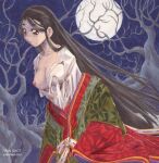  1girl artist_name bare_tree black_hair breasts clothes_down collarbone covered_nipples full_moon green_kimono japanese_clothes kimono large_breasts long_hair mctcg_yousei_denshou moon multicolored_kimono night nipples ochi_yoshihiko off_shoulder one_breast_out red_eyes red_kimono shirt sky solo standing tree very_long_hair white_shirt 
