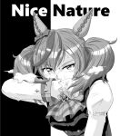  1girl animal_ears bow bowtie breasts character_name commentary_request diagonal-striped_bow dress ear_bow ear_covers ear_ribbon gem greyscale highres horse_ears horse_girl juliet_sleeves long_sleeves looking_at_viewer medium_breasts medium_hair monochrome multicolored_hair nice_nature_(poinsettia_ribbon)_(umamusume) nice_nature_(umamusume) pinafore_dress puffy_sleeves raijoman sleeveless sleeveless_dress solo streaked_hair striped_bow striped_bowtie striped_clothes sweat twintails umamusume upper_body wiping_face 