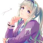  1girl commentary_request green_hair hairband hand_on_own_face head_tilt heaven_burns_red highres looking_at_viewer mole mole_under_mouth murofushi_risa neck_ribbon purple_eyes ribbon school_uniform simple_background yumeclo 