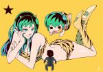  1girl 2boys animal_print bikini black_hair blue_eyes boots breasts breath_weapon breathing_fire cleavage commentary_request cone_horns electricity empty_eyes fangs fire full_body giant giantess green_hair grey_jacket grey_pants horns jacket knee_boots long_hair looking_at_another lum lying moroboshi_ataru multiple_boys on_stomach open_mouth pants pointy_ears print_bikini print_boots shoe_soles short_hair sidelocks signature smile star_(symbol) swimsuit tantora ten_(urusei_yatsura) the_pose tiger_print urusei_yatsura yellow_background 