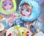  2girls alien_(toy_story) bangs blonde_hair blueberry blunt_bangs blurry blurry_background bm94199 cake character_hood cinnamoroll denim denim_jacket depth_of_field eating eyelashes food fork fruit fur green_eyes grin highres holding holding_fork jacket james_p._sullivan lanyard lilo_&amp;_stitch long_hair looking_at_another looking_to_the_side makeup michael_wazowski monsters_inc. multiple_girls my_melody open_mouth pineapple pink_eyes pink_hair pins pixar plate pompompurin sanrio scrunchie scrunchie_removed smile solo_focus stitch_(lilo_&amp;_stitch) strawberry teeth toy_story whipped_cream wrist_scrunchie 