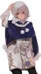  1boy adjusting_clothes adjusting_headwear blonde_hair capelet commentary_request corrin_(fire_emblem) corrin_(fire_emblem)_(male) cowboy_shot crossdressing fire_emblem fire_emblem_fates fur_trim hat highres looking_up male_focus otoko_no_ko pointy_ears red_eyes simple_background smile w_(1999_kyu) white_background 