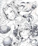  2girls :d animal_ears ball breasts commentary garyuu_ryuuga gentildonna_(umamusume) greyscale hair_intakes hair_ribbon highres holding holding_ball horse_ears horse_girl kawakami_princess_(umamusume) large_breasts long_hair monochrome multiple_girls ribbon smile sweat throwing umamusume untranslatable_commentary 