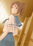  1girl blue_sailor_collar blue_skirt brown_hair dutch_angle hallway hibike!_euphonium highres indoors kitauji_high_school_uniform long_hair looking_at_viewer looking_back nakagawa_natsuki natsushi open_mouth pleated_skirt ponytail purple_eyes sailor_collar school_uniform serafuku shirt short_sleeves skirt smile solo standing white_shirt window 